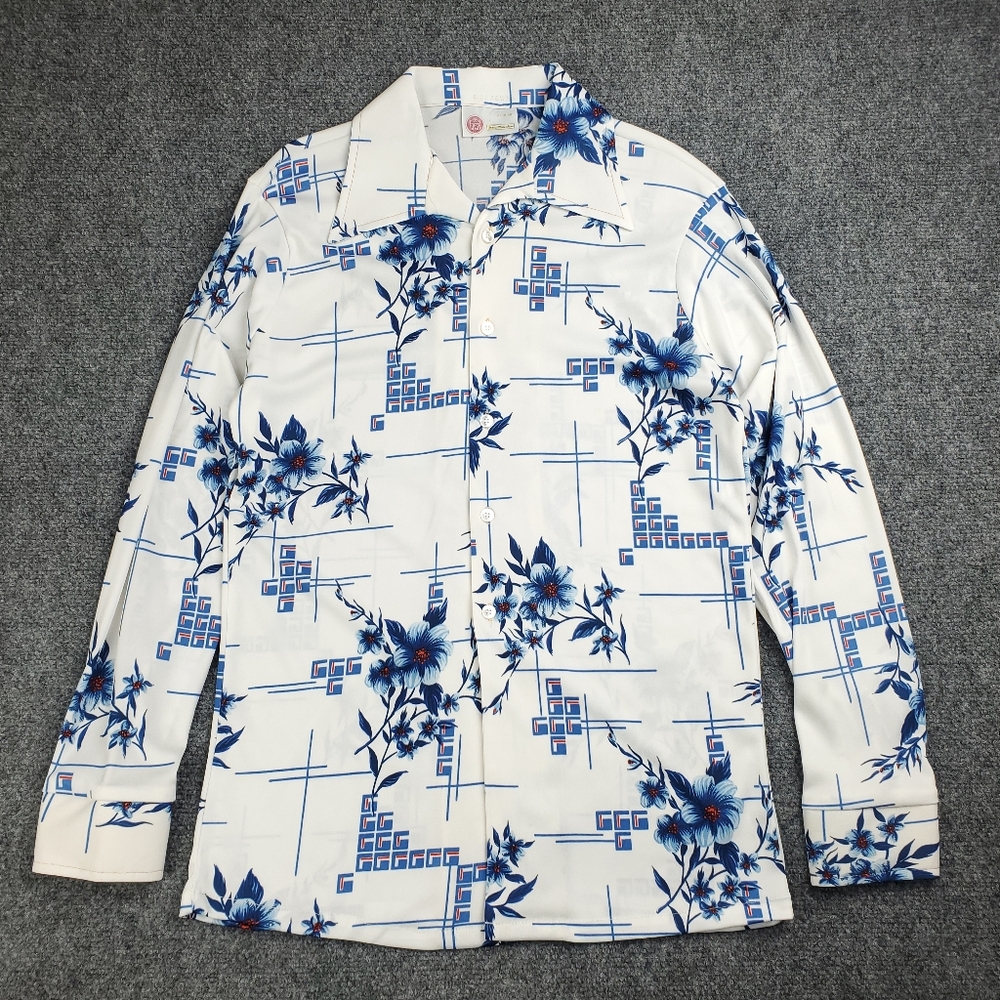 Sears Men's Casual Button Down Shirt - White and Blue Floral